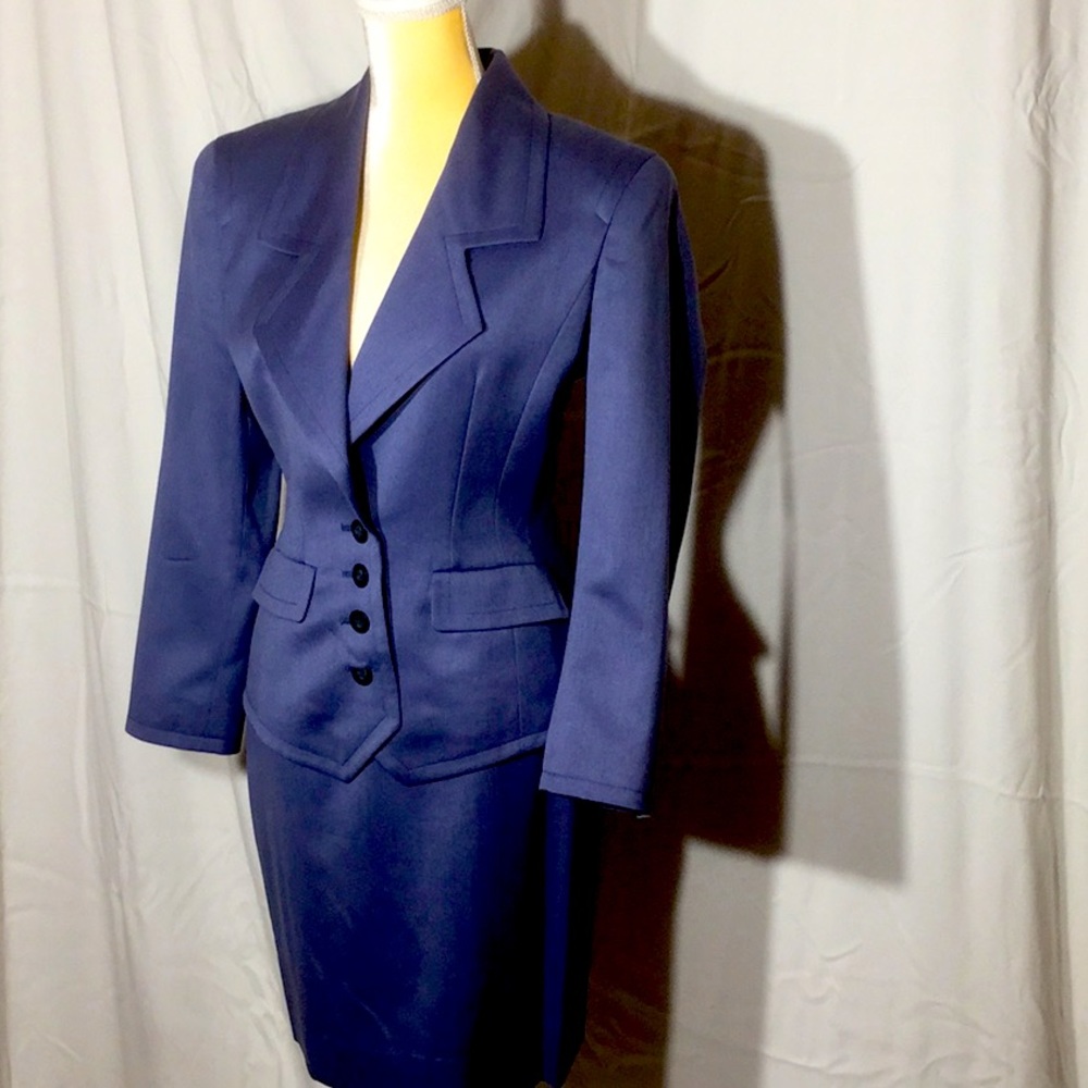 Denim blue classic suit with jacket and skirt